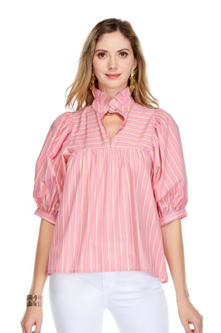 High Neck Puff Sleeve Top - Pink Stripe