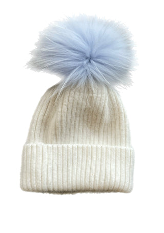 Pom Beanie - White w/ Blue