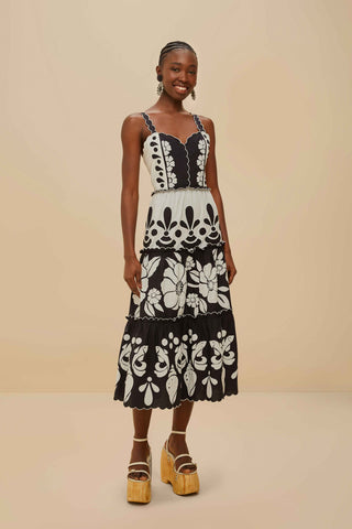 Summer Black and White Cutwork Midi Dress
