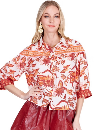 Round Yoke Blouse - Floral Border