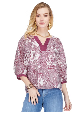 Contrast Trim Peasant Top - Maroon
