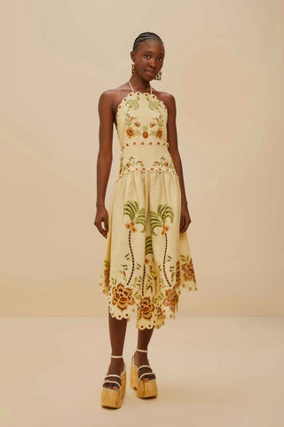 Delicate Forest Sand Richelieu Embroidered Midi Dress