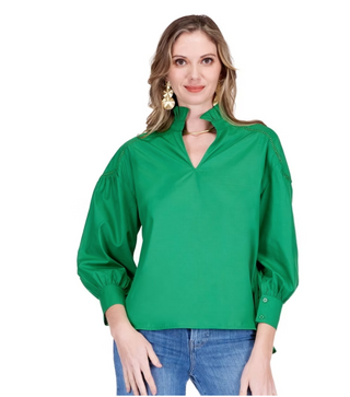 Split Stand Collar Trim Top - Green