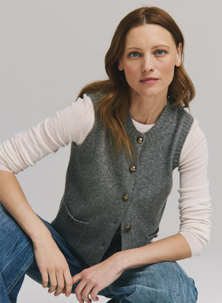 Button Front Vest w/ Pockets - Cement