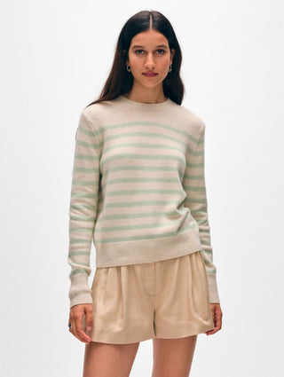 Cashmere Striped Crewneck - Natural Heather/Mint